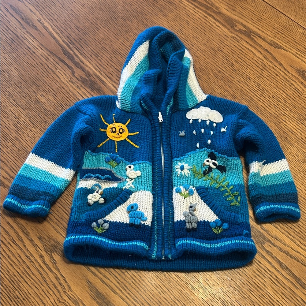 Handmade Blue Kids Hooded Zip Sweater with Embroidered Animals